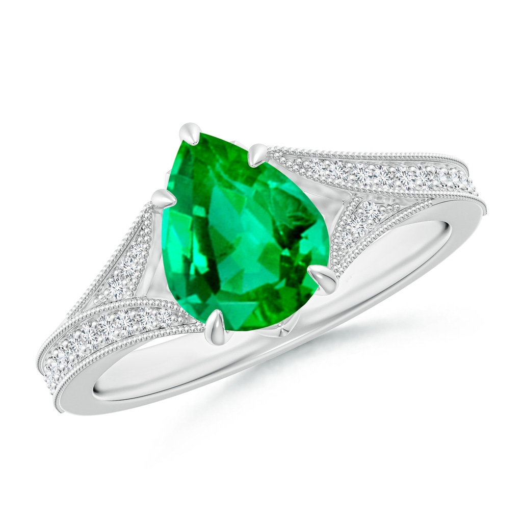 9x7mm AAA Vintage Inspired Pear Emerald Split Shank Engagement Ring in White Gold