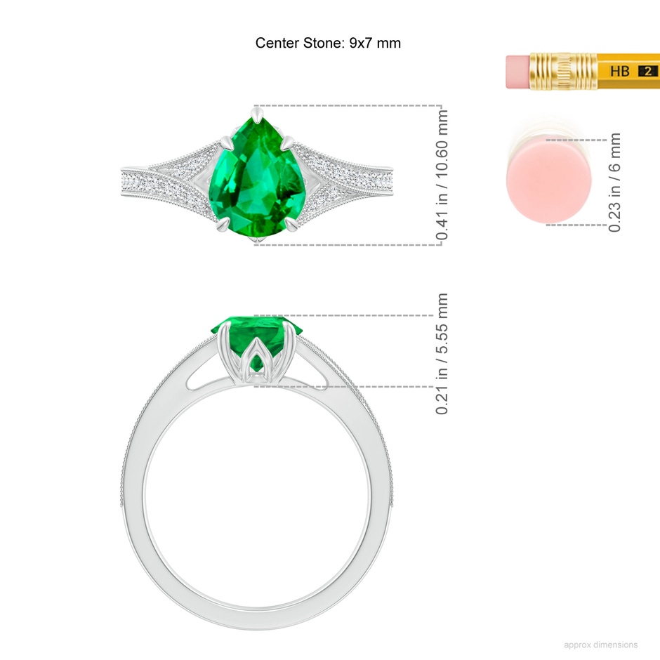 9x7mm AAA Vintage Inspired Pear Emerald Split Shank Engagement Ring in White Gold ruler