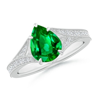 9x7mm AAAA Vintage Inspired Pear Emerald Split Shank Engagement Ring in P950 Platinum