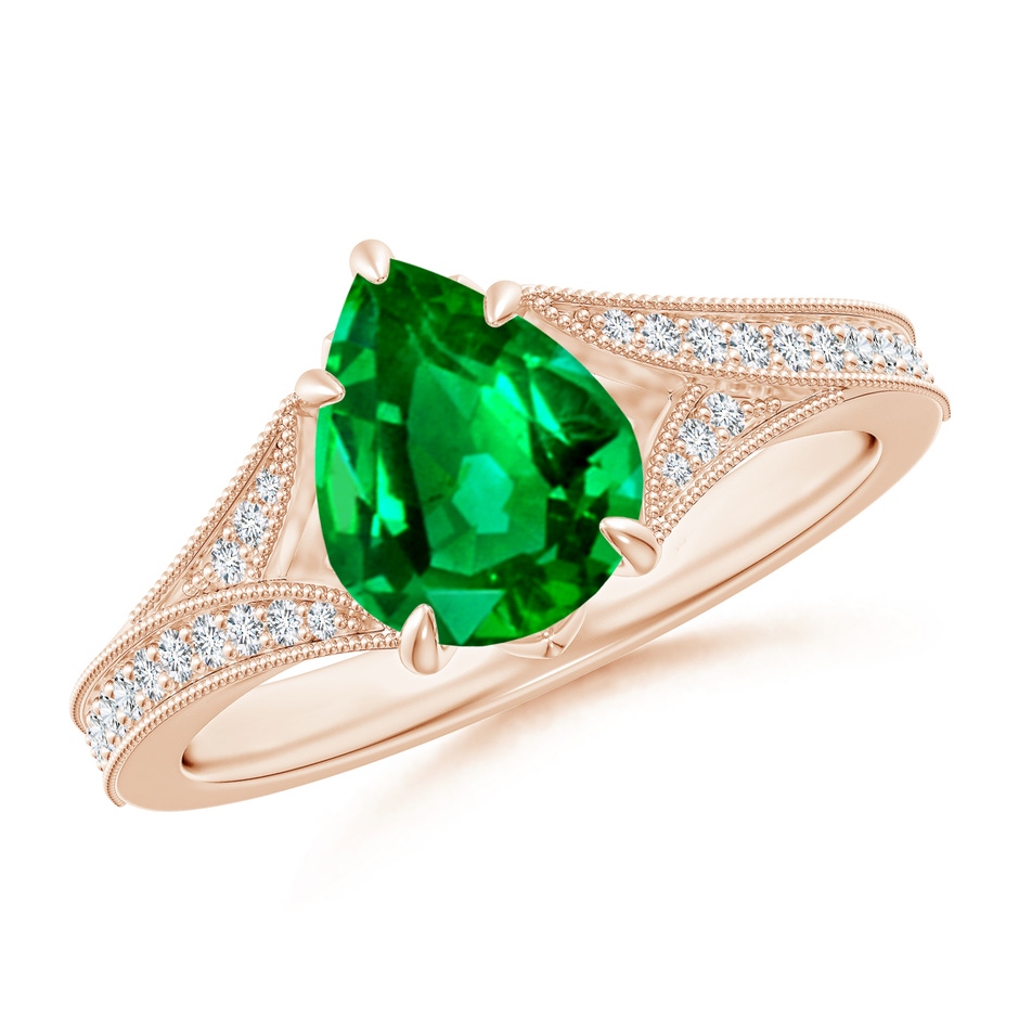 9x7mm AAAA Vintage Inspired Pear Emerald Split Shank Engagement Ring in Rose Gold 