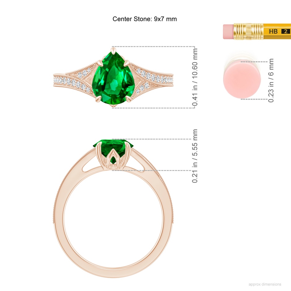 9x7mm AAAA Vintage Inspired Pear Emerald Split Shank Engagement Ring in Rose Gold ruler