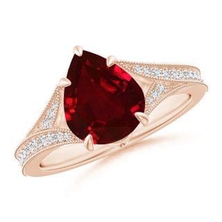 10x8mm AAAA Vintage Inspired Pear Ruby Split Shank Engagement Ring in Rose Gold