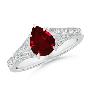 8x6mm AAAA Vintage Inspired Pear Ruby Split Shank Engagement Ring in P950 Platinum