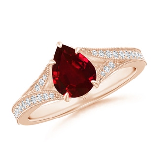 8x6mm AAAA Vintage Inspired Pear Ruby Split Shank Engagement Ring in Rose Gold