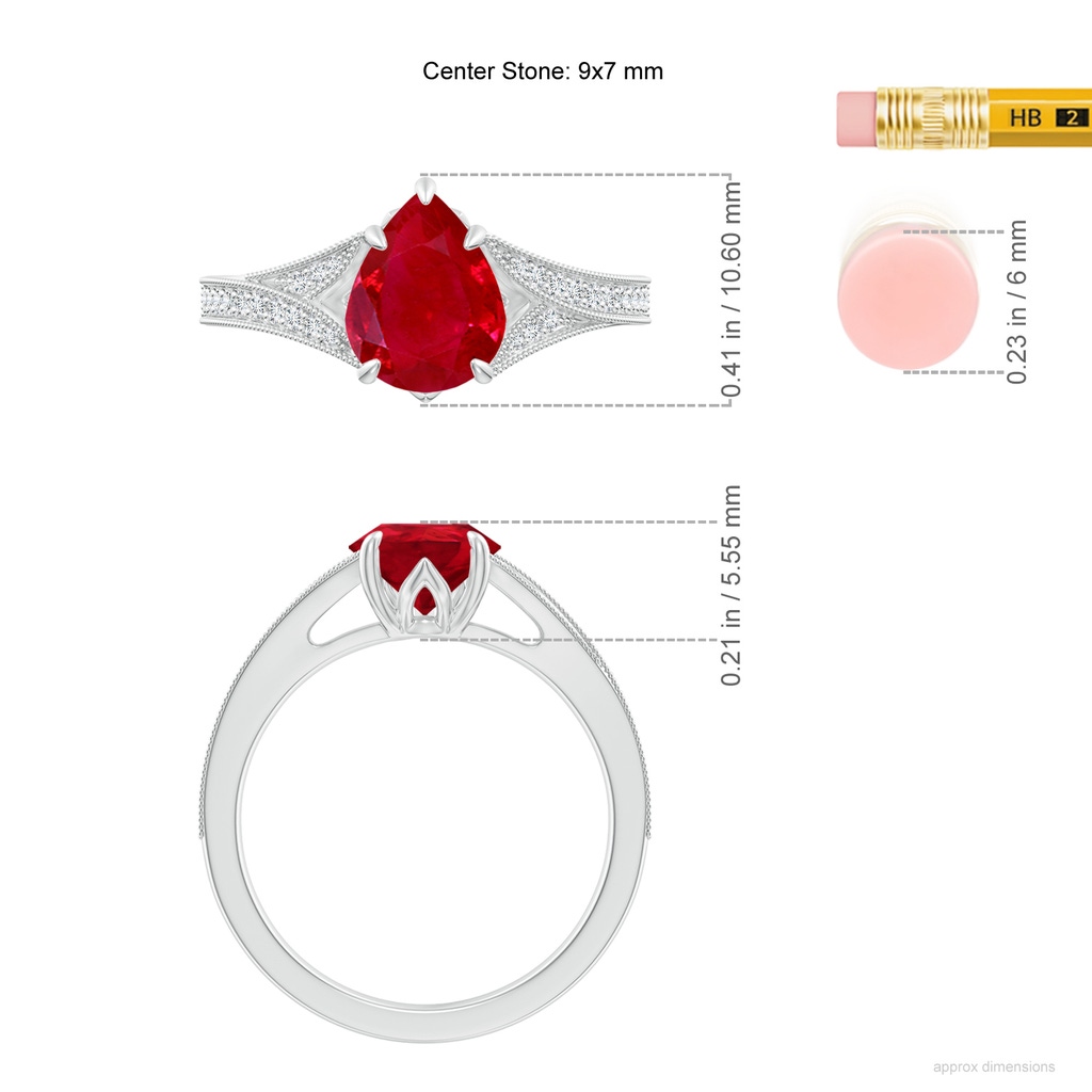 9x7mm AAA Vintage Inspired Pear Ruby Split Shank Engagement Ring in White Gold ruler