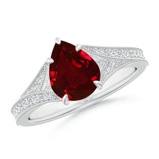 9x7mm AAAA Vintage Inspired Pear Ruby Split Shank Engagement Ring in P950 Platinum