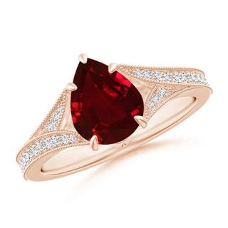 9x7mm AAAA Vintage Inspired Pear Ruby Split Shank Engagement Ring in Rose Gold