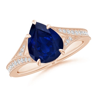 10x8mm AA Vintage Inspired Pear Blue Sapphire Split Shank Engagement Ring in 18K Rose Gold