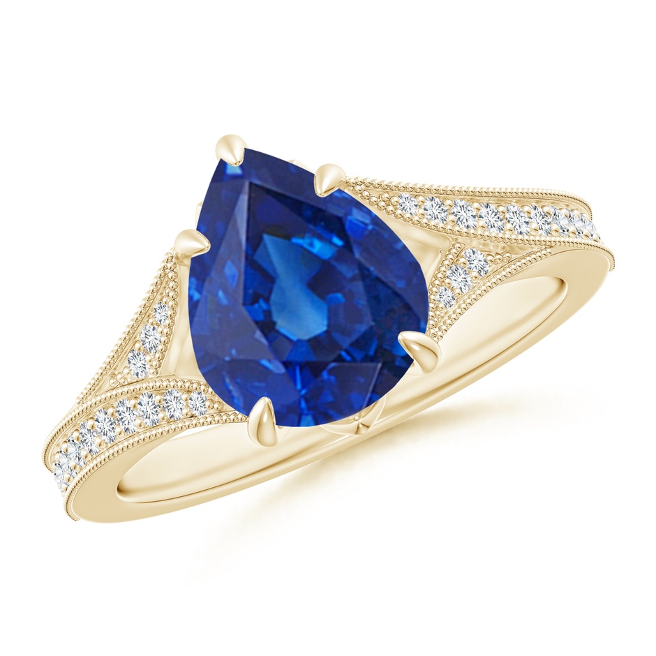 10x8mm AAA Vintage Inspired Pear Blue Sapphire Split Shank Engagement Ring in Yellow Gold 