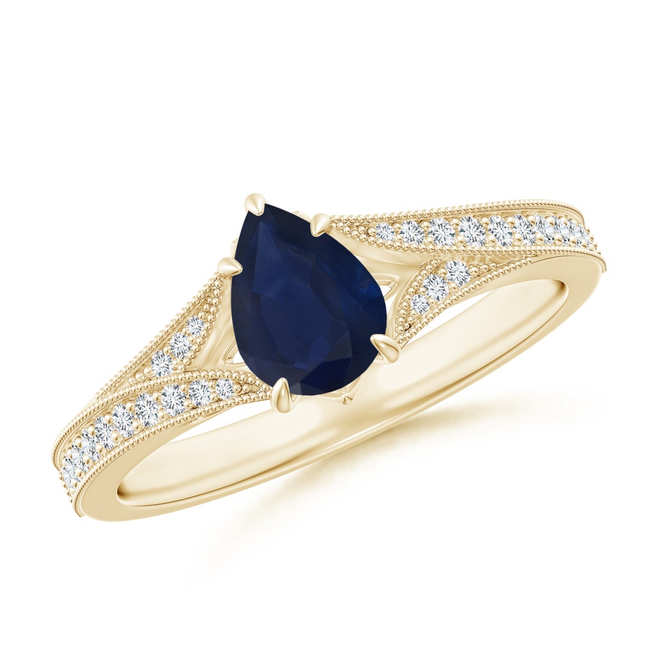 7x5mm A Vintage Inspired Pear Blue Sapphire Split Shank Engagement Ring in Yellow Gold 