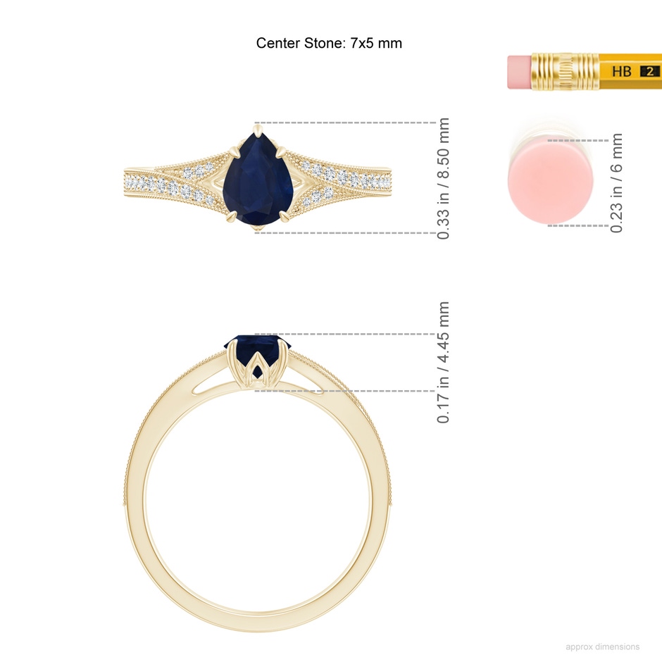7x5mm A Vintage Inspired Pear Blue Sapphire Split Shank Engagement Ring in Yellow Gold ruler