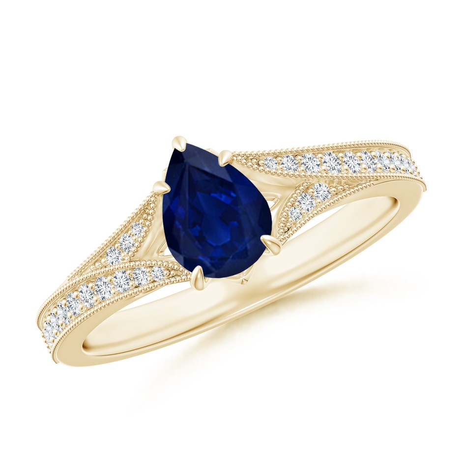 7x5mm AA Vintage Inspired Pear Blue Sapphire Split Shank Engagement Ring in Yellow Gold 