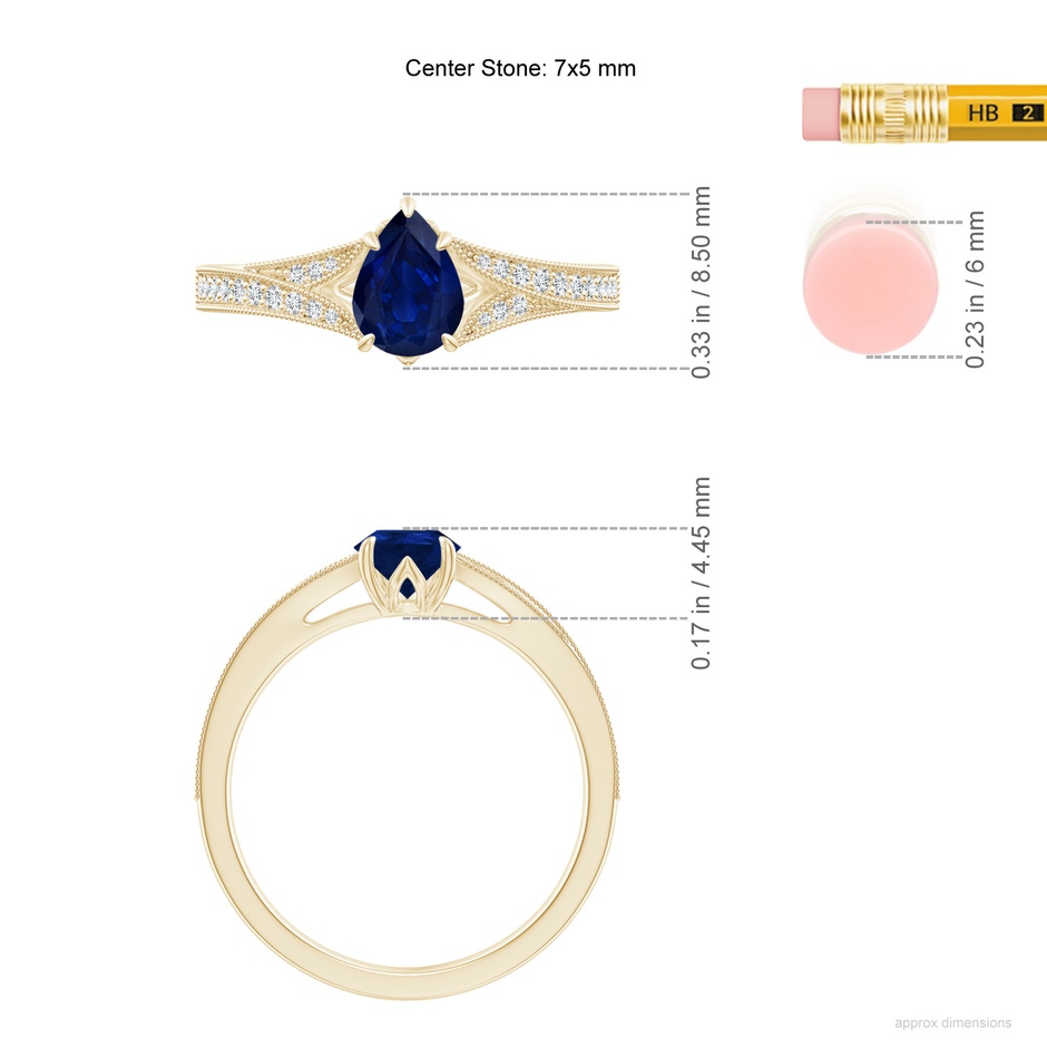 7x5mm AA Vintage Inspired Pear Blue Sapphire Split Shank Engagement Ring in Yellow Gold ruler