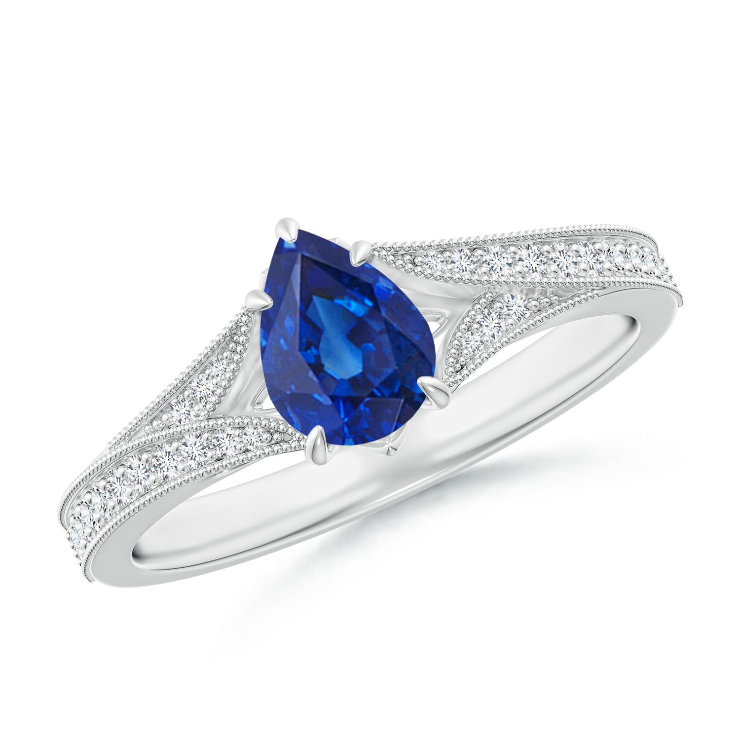 7x5mm AAA Vintage Inspired Pear Blue Sapphire Split Shank Engagement Ring in P950 Platinum