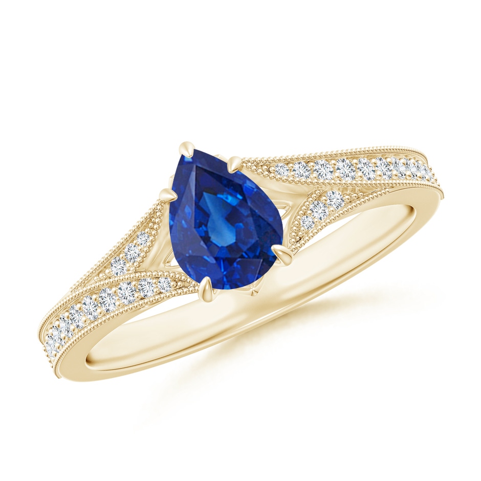 7x5mm AAA Vintage Inspired Pear Blue Sapphire Split Shank Engagement Ring in Yellow Gold 