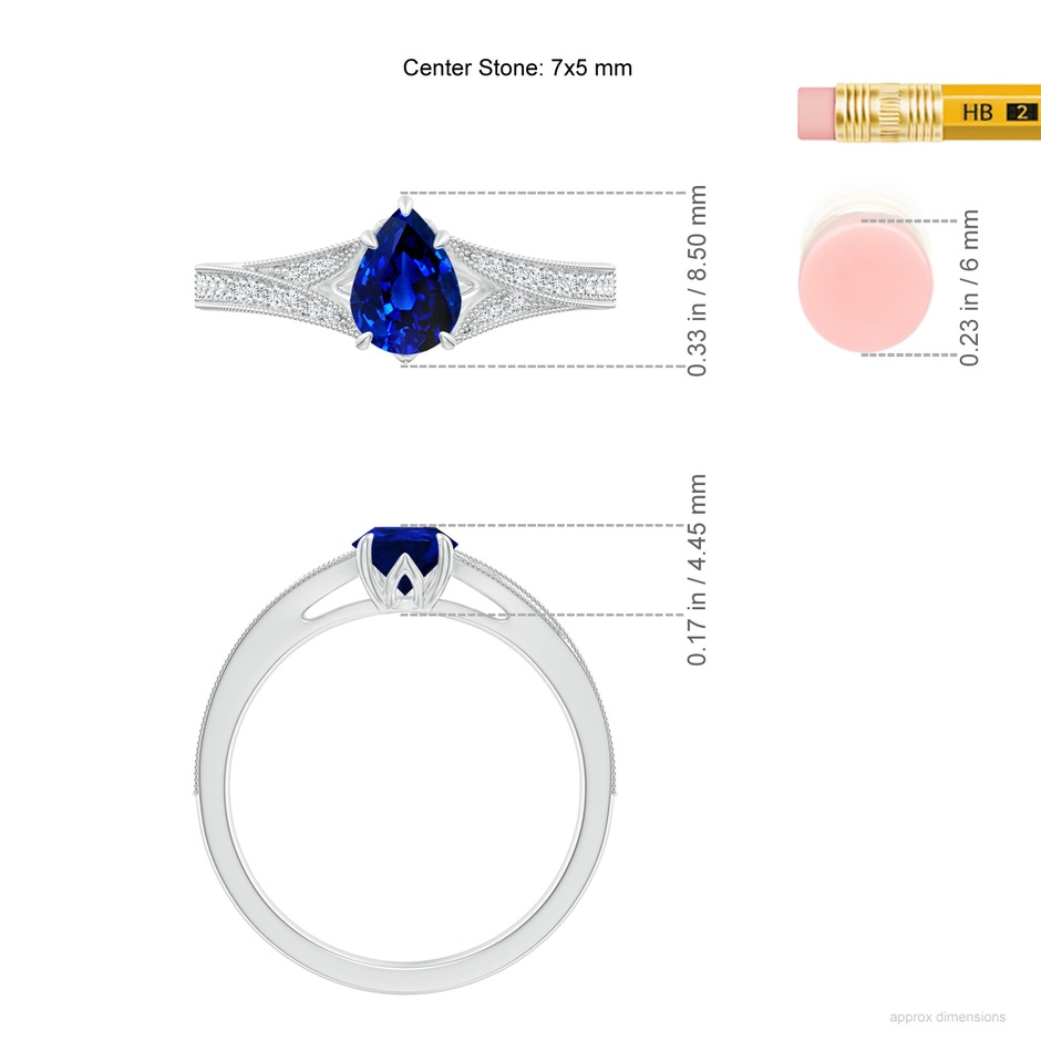 7x5mm Lab-Grown Vintage Inspired Pear Blue Sapphire Split Shank Engagement Ring in 18K White Gold ruler