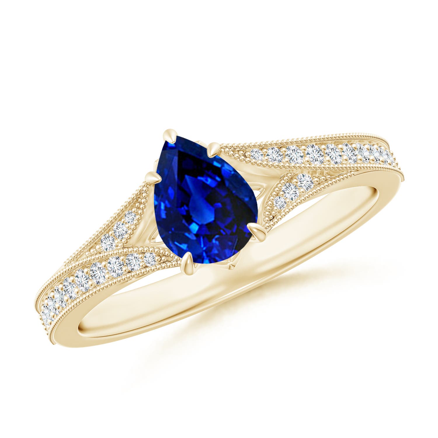 7x5mm AAAA Vintage Inspired Pear Blue Sapphire Split Shank Engagement Ring in 18K Yellow Gold