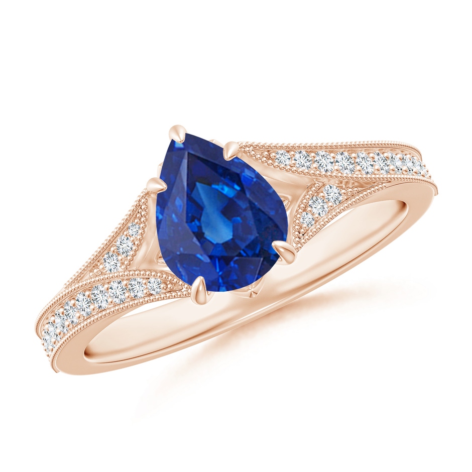 8x6mm AAA Vintage Inspired Pear Blue Sapphire Split Shank Engagement Ring in Rose Gold 