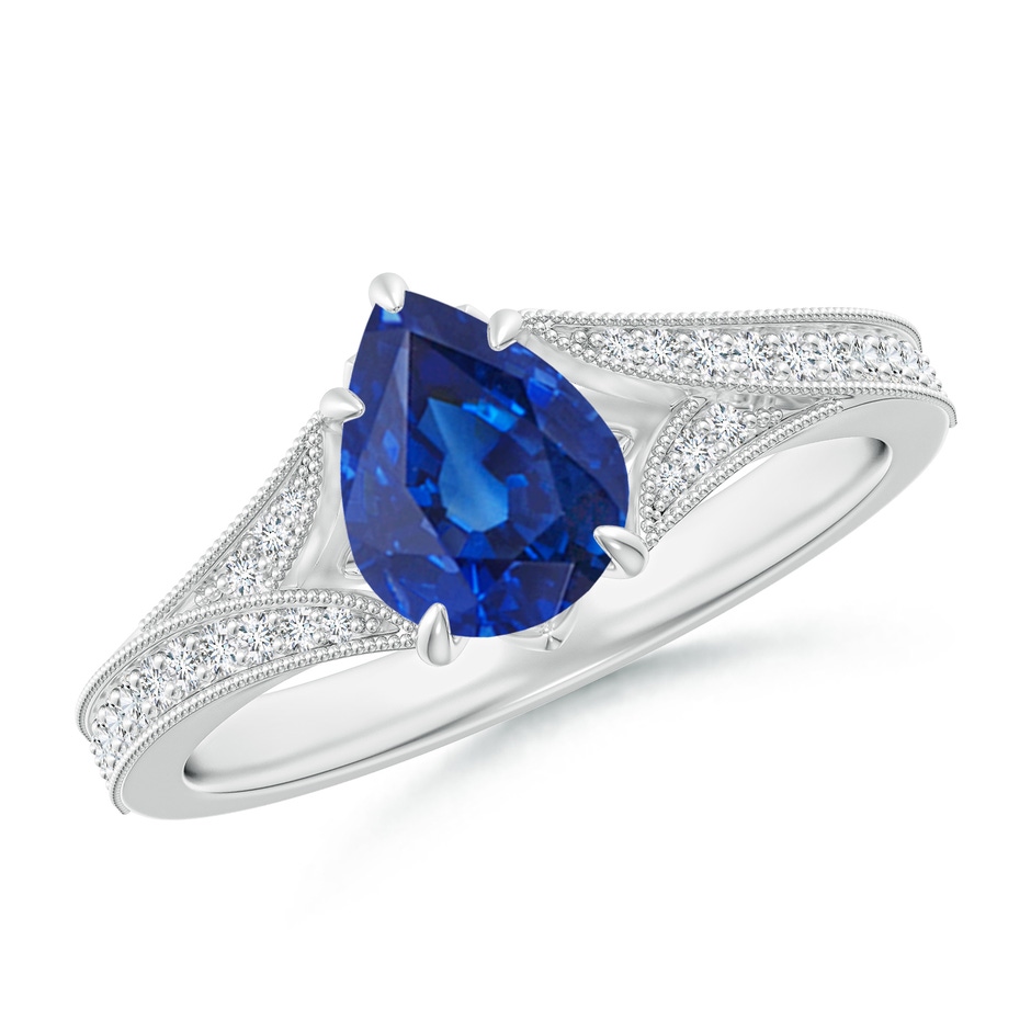 8x6mm AAA Vintage Inspired Pear Blue Sapphire Split Shank Engagement Ring in White Gold 