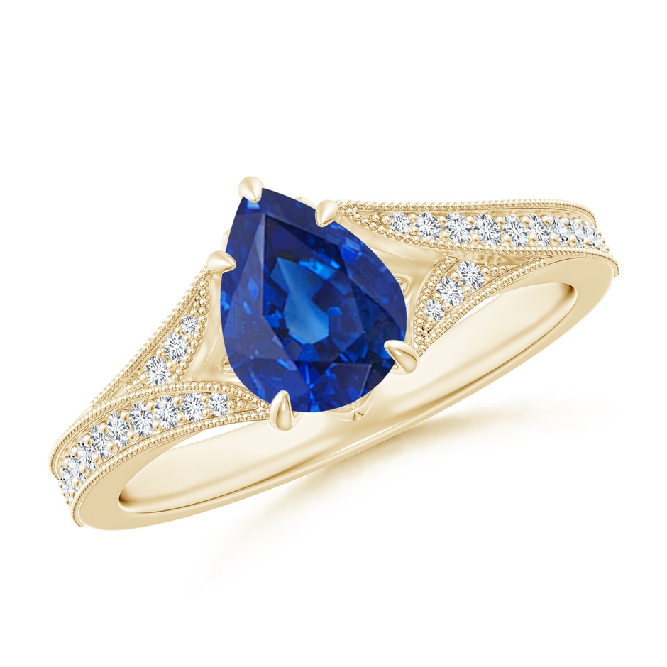 8x6mm AAA Vintage Inspired Pear Blue Sapphire Split Shank Engagement Ring in Yellow Gold 