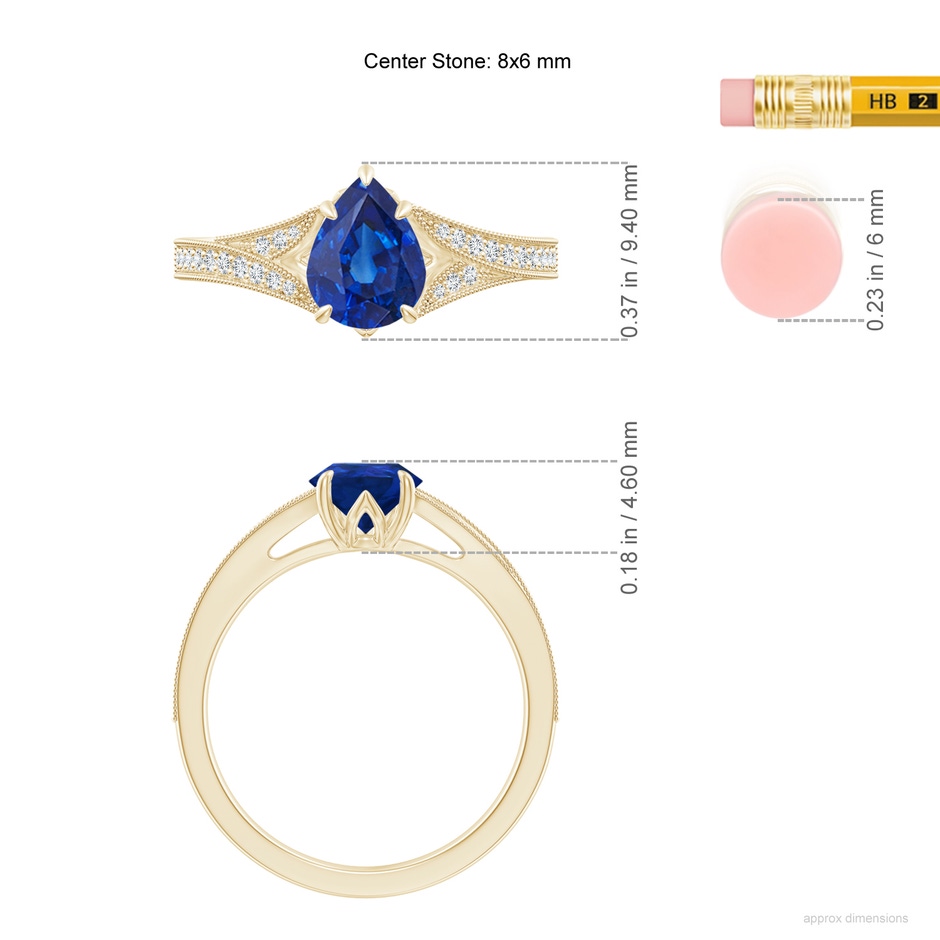 8x6mm AAA Vintage Inspired Pear Blue Sapphire Split Shank Engagement Ring in Yellow Gold ruler