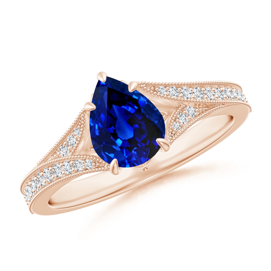 8x6mm AAAA Vintage Inspired Pear Blue Sapphire Split Shank Engagement Ring in Rose Gold 