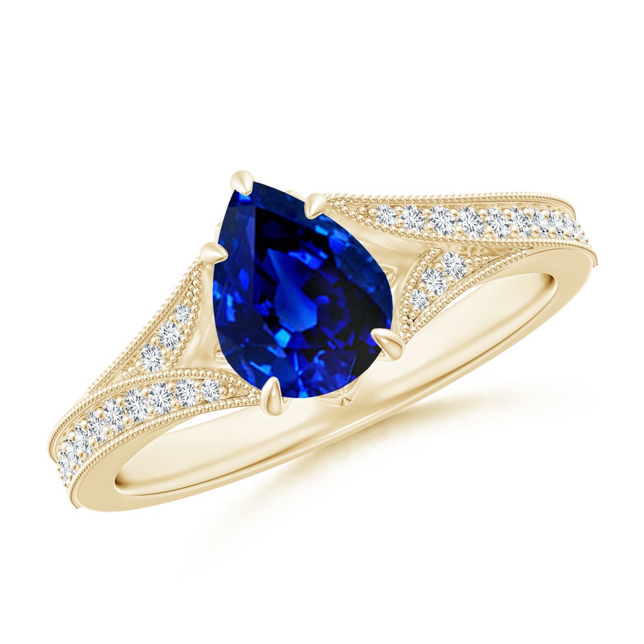 8x6mm AAAA Vintage Inspired Pear Blue Sapphire Split Shank Engagement Ring in Yellow Gold 