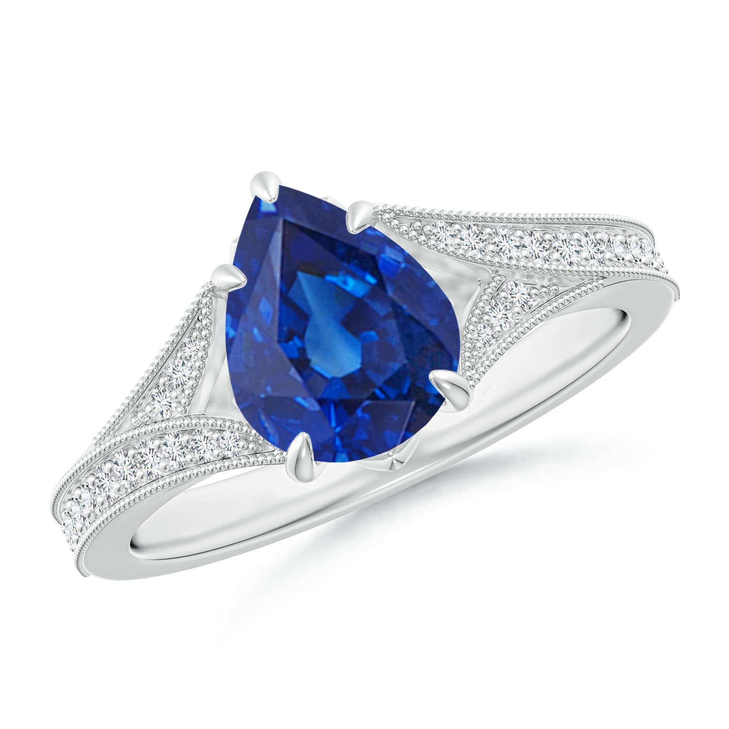9x7mm AAA Vintage Inspired Pear Blue Sapphire Split Shank Engagement Ring in 18K White Gold