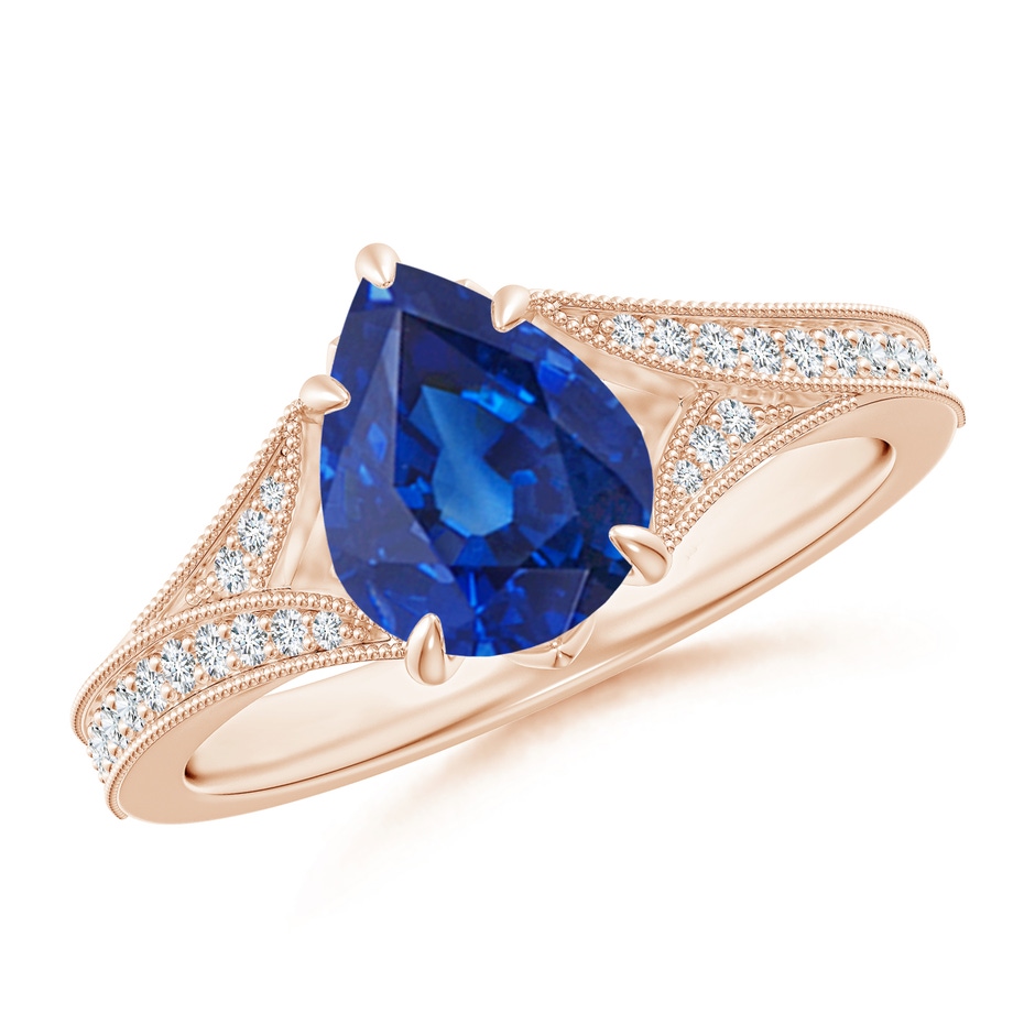 9x7mm AAA Vintage Inspired Pear Blue Sapphire Split Shank Engagement Ring in Rose Gold 
