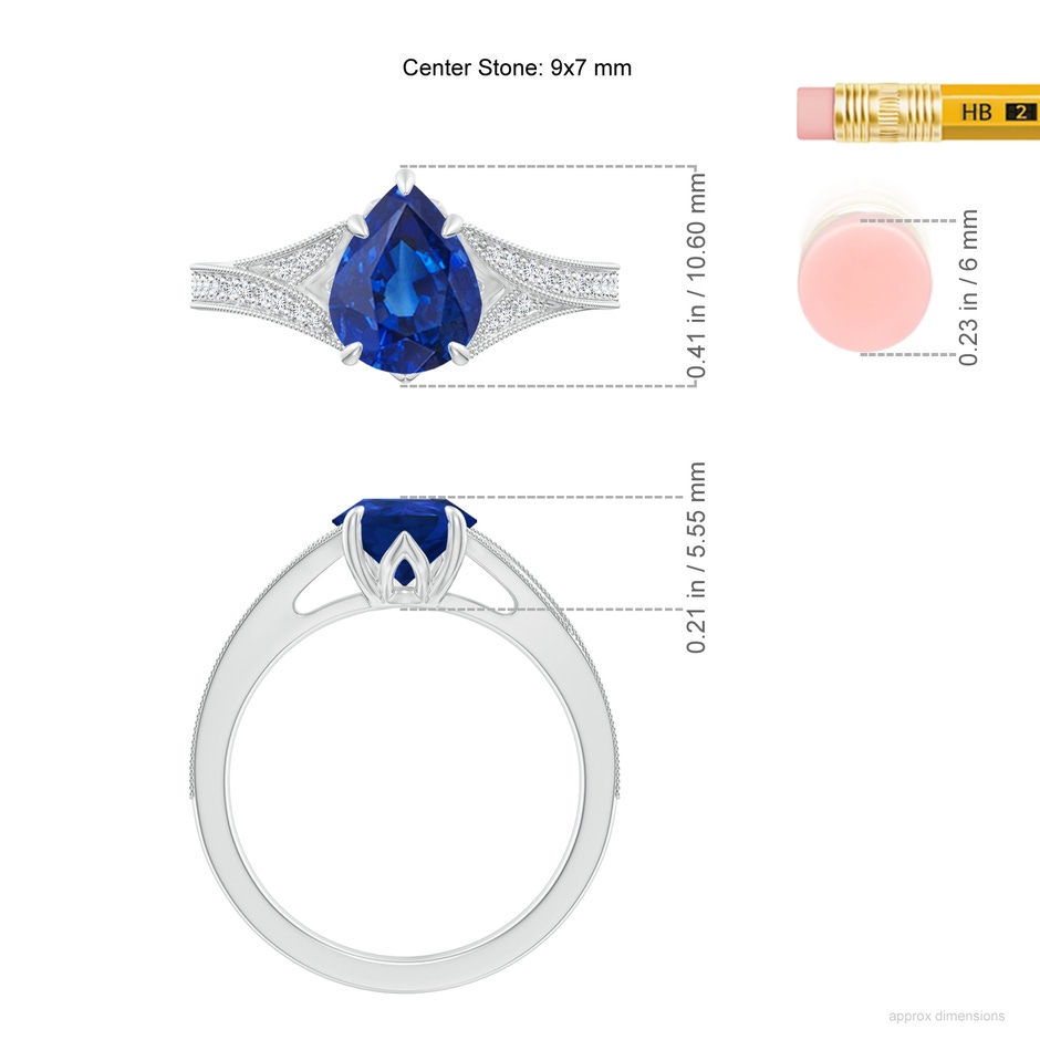 9x7mm AAA Vintage Inspired Pear Blue Sapphire Split Shank Engagement Ring in White Gold ruler