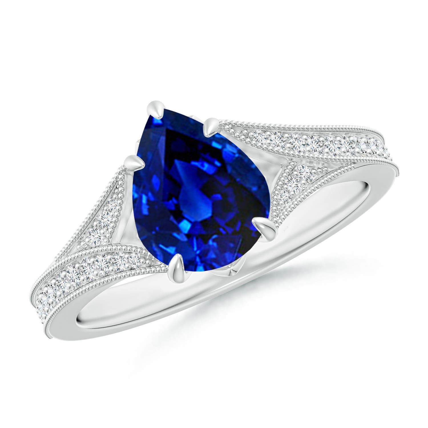 9x7mm AAAA Vintage Inspired Pear Blue Sapphire Split Shank Engagement Ring in 18K White Gold