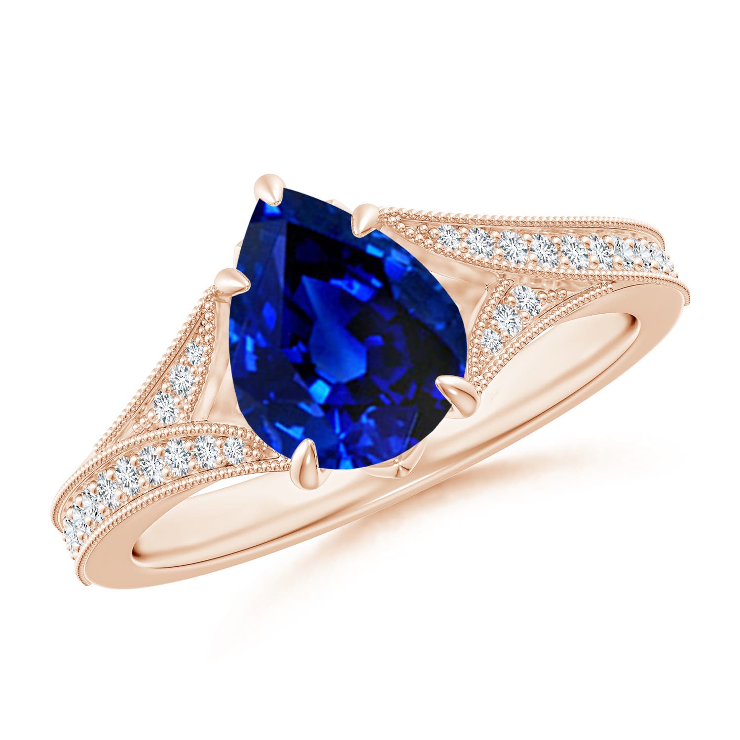 9x7mm AAAA Vintage Inspired Pear Blue Sapphire Split Shank Engagement Ring in Rose Gold
