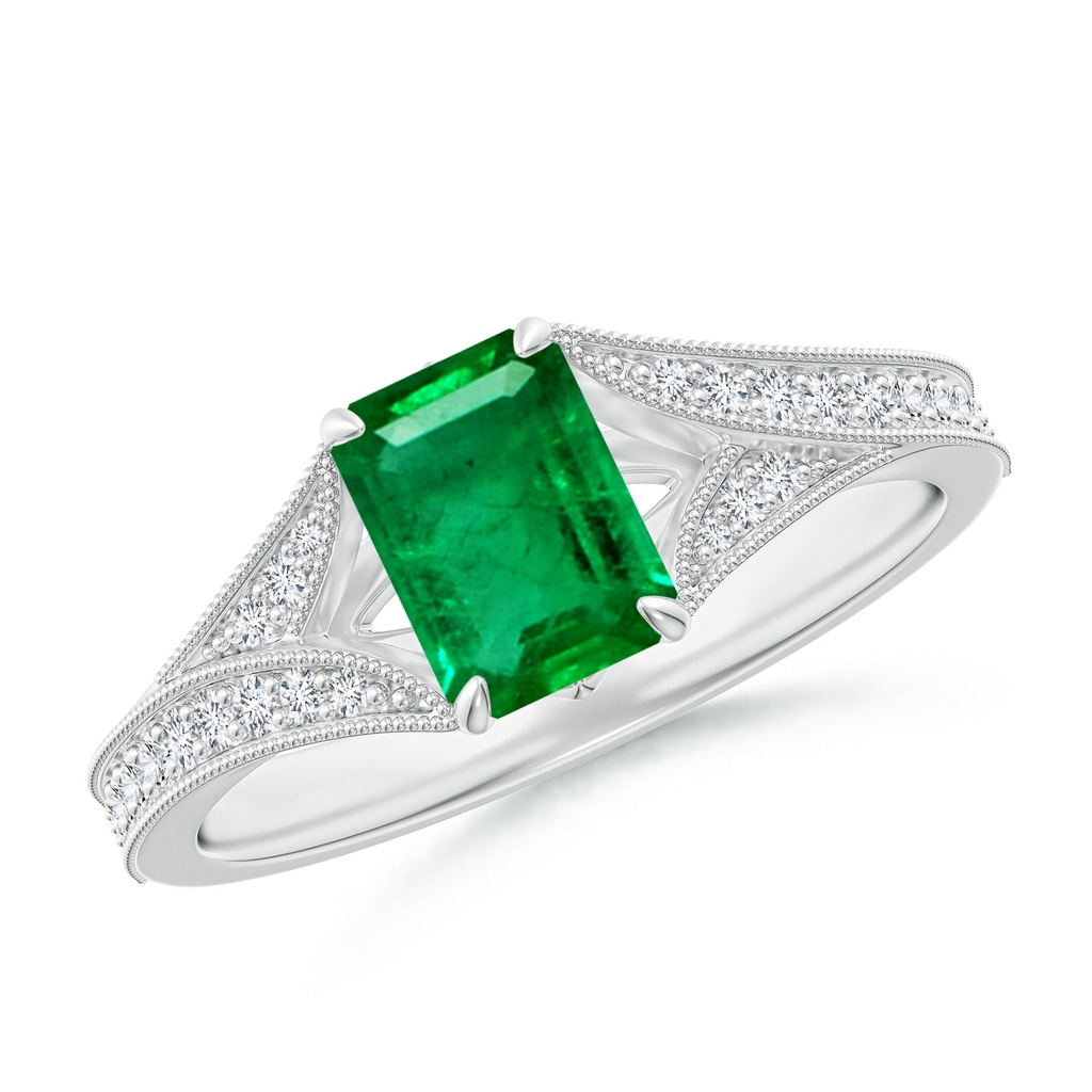 7x5mm AAA Vintage Inspired Emerald-Cut Emerald Split Shank Engagement Ring in White Gold