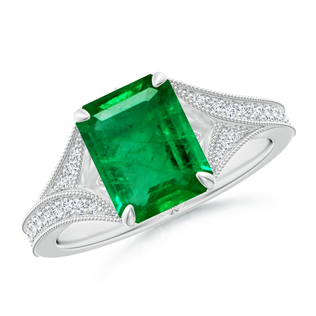 9x7mm AAA Vintage Inspired Emerald-Cut Emerald Split Shank Engagement Ring in White Gold