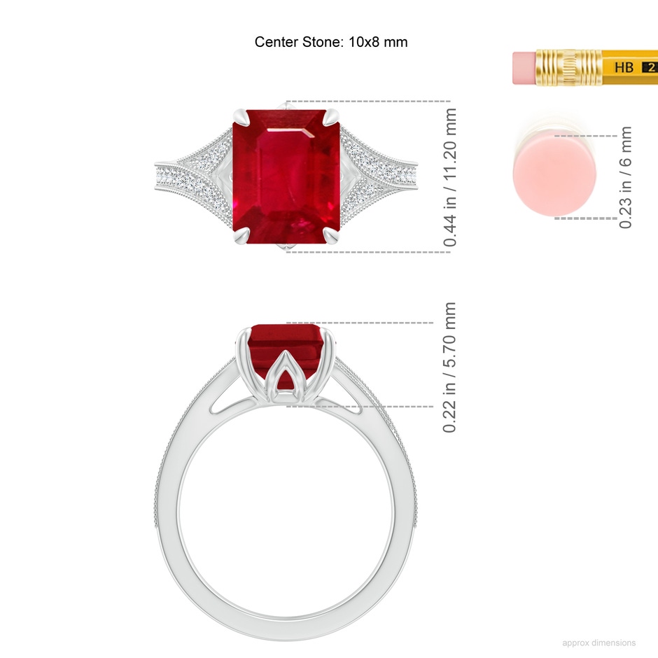 10x8mm AAA Vintage Inspired Emerald-Cut Ruby Split Shank Engagement Ring in P950 Platinum ruler