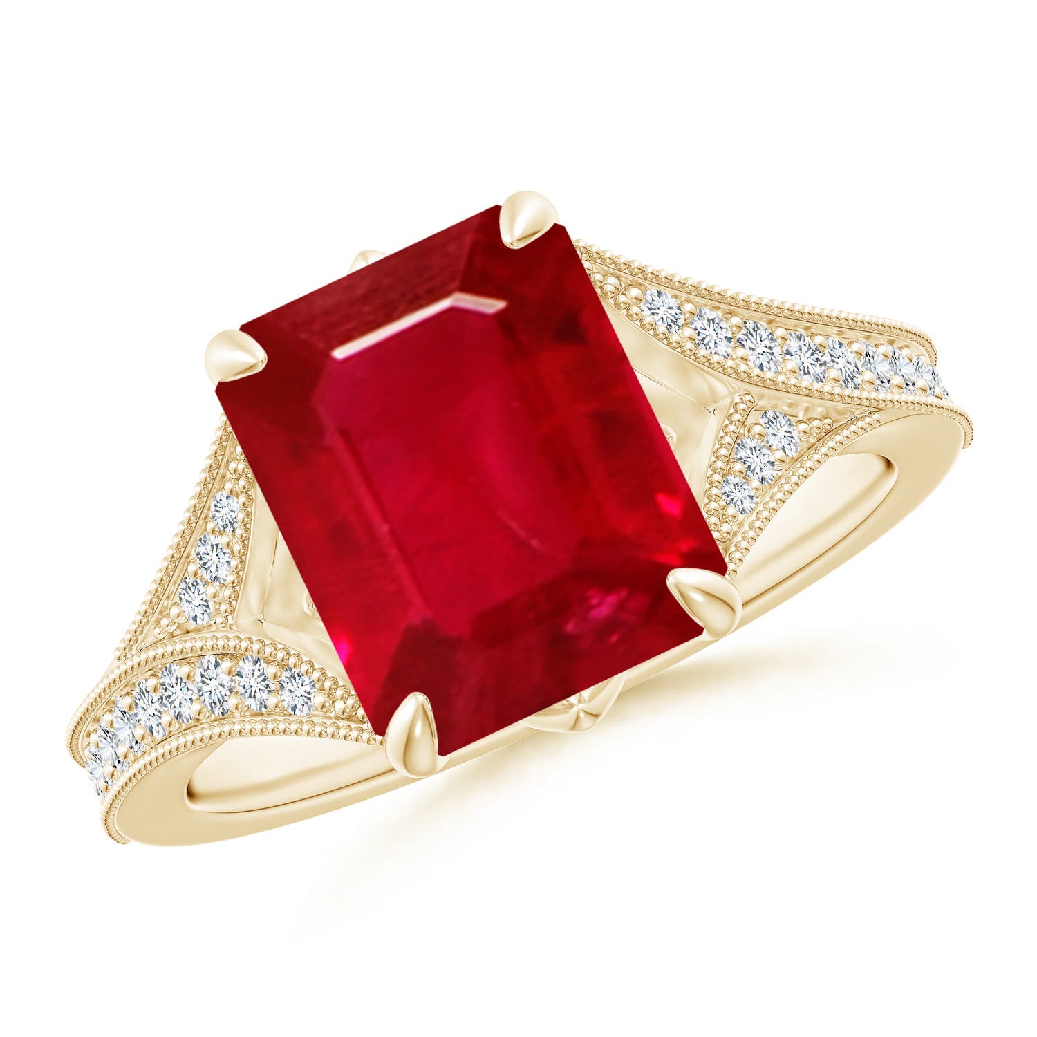 10x8mm AAA Vintage Inspired Emerald-Cut Ruby Split Shank Engagement Ring in Yellow Gold