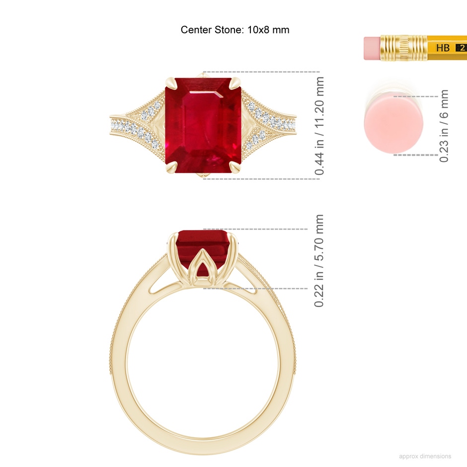 10x8mm AAA Vintage Inspired Emerald-Cut Ruby Split Shank Engagement Ring in Yellow Gold ruler