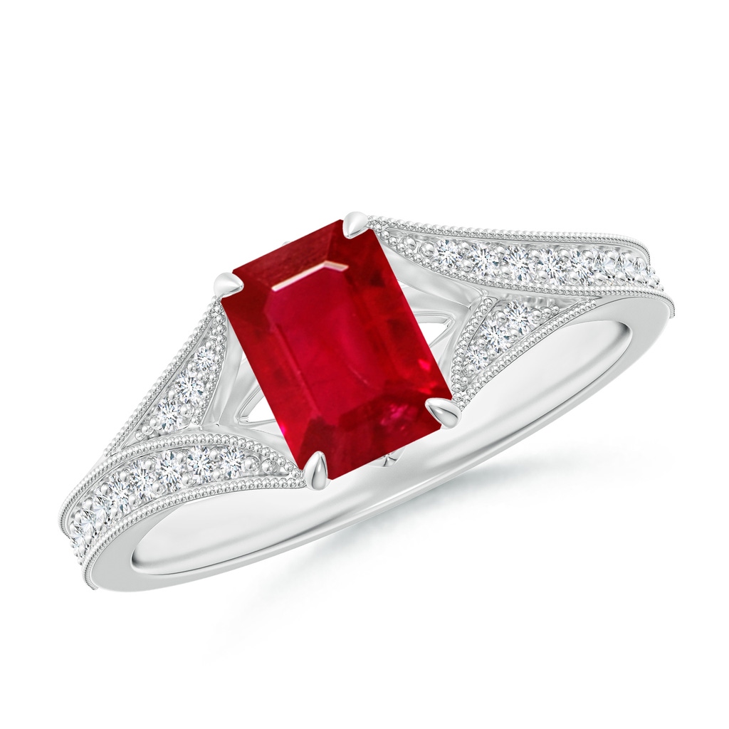 7x5mm AAA Vintage Inspired Emerald-Cut Ruby Split Shank Engagement Ring in White Gold