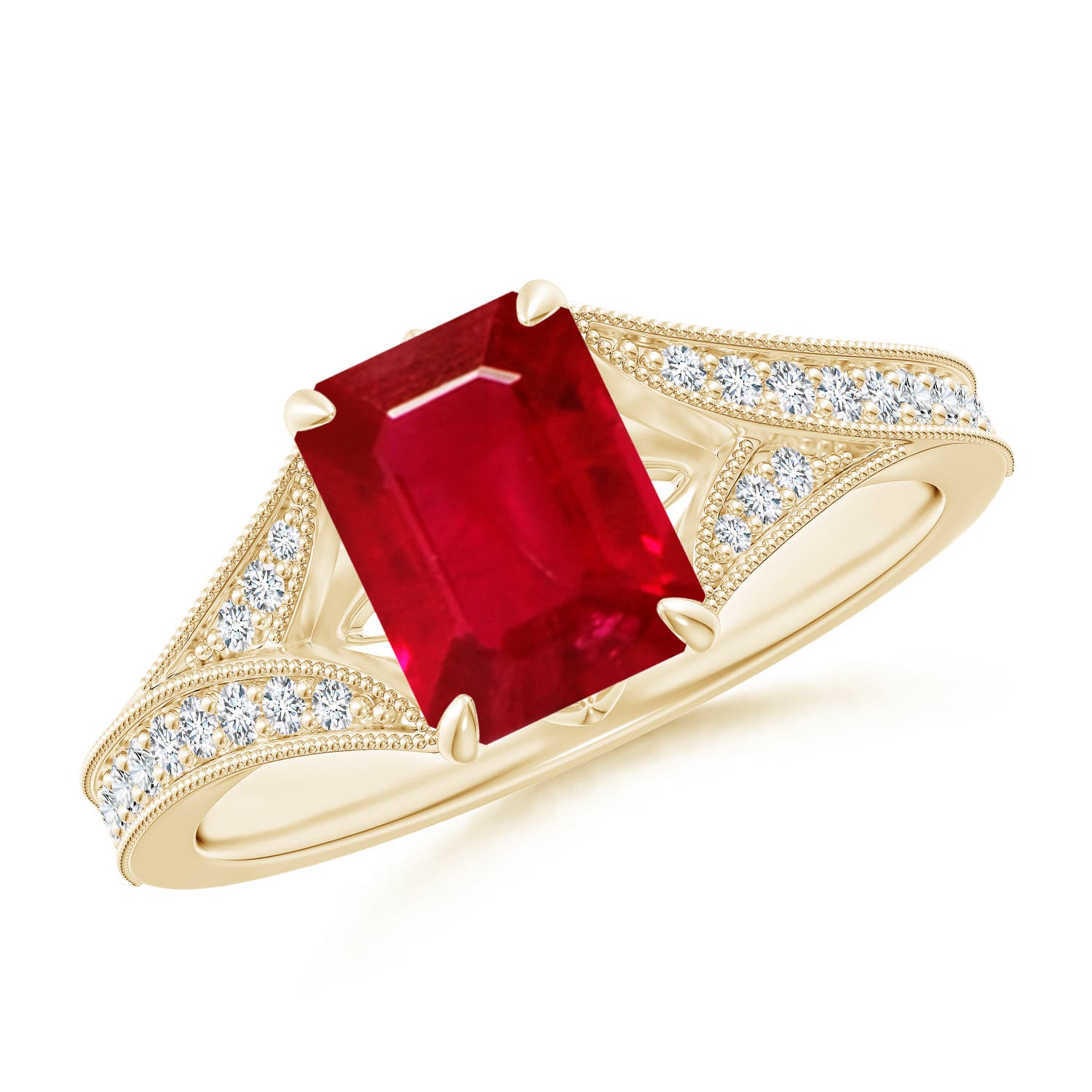 8x6mm AAA Vintage Inspired Emerald-Cut Ruby Split Shank Engagement Ring in Yellow Gold