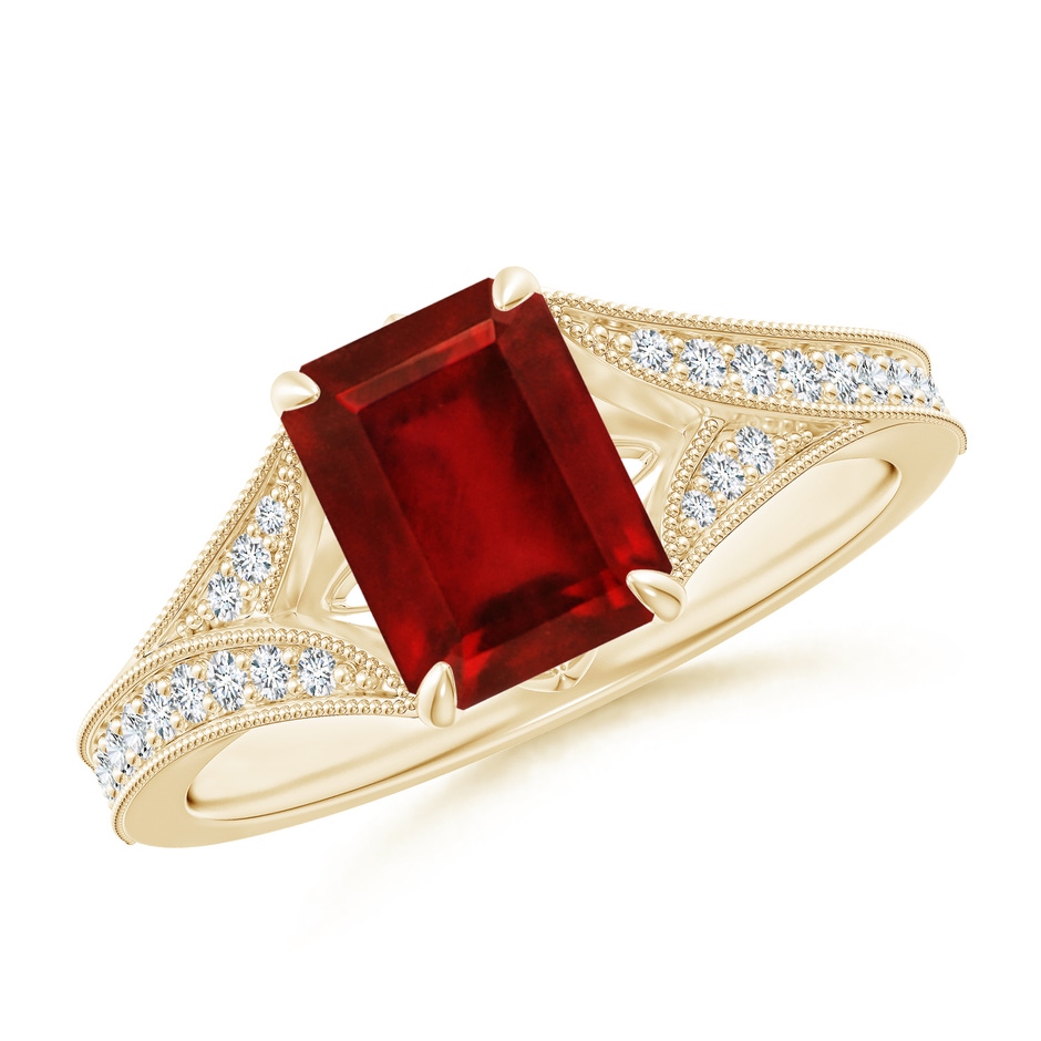 8x6mm AAAA Vintage Inspired Emerald-Cut Ruby Split Shank Engagement Ring in Yellow Gold 
