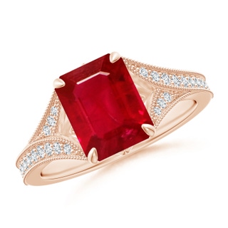 9x7mm AAA Vintage Inspired Emerald-Cut Ruby Split Shank Engagement Ring in Rose Gold