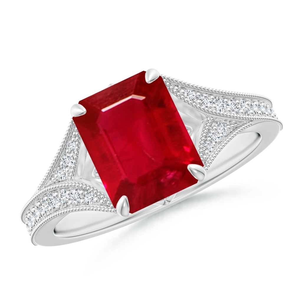 9x7mm AAA Vintage Inspired Emerald-Cut Ruby Split Shank Engagement Ring in White Gold