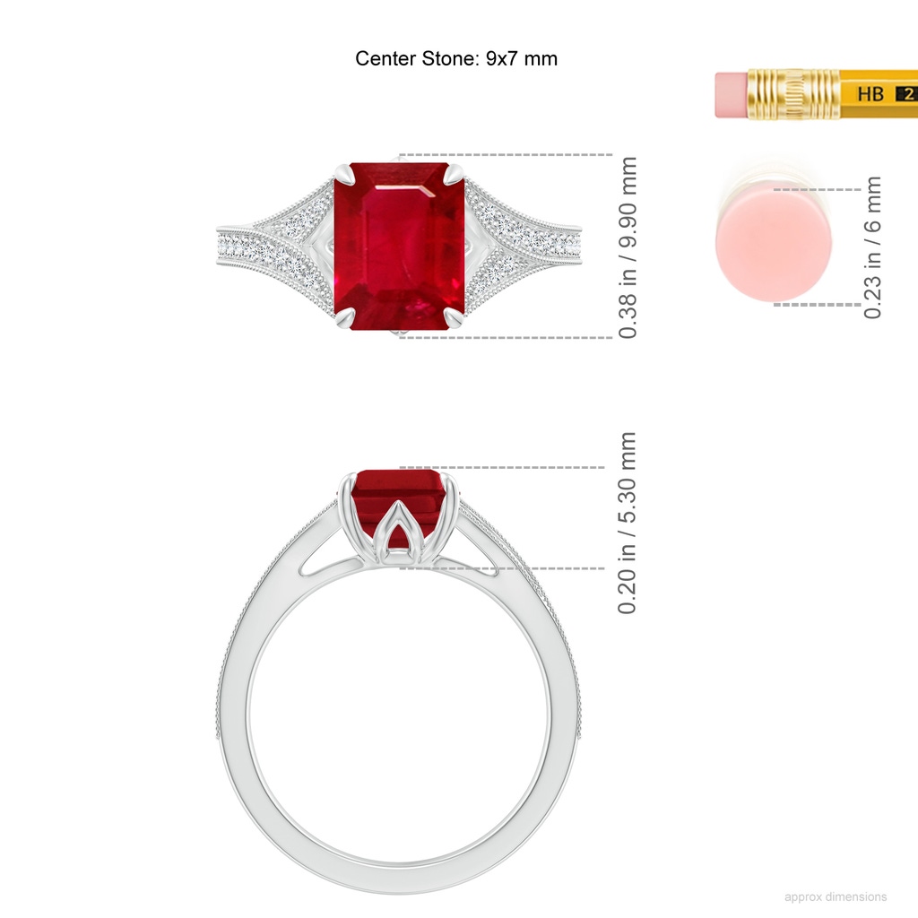 9x7mm AAA Vintage Inspired Emerald-Cut Ruby Split Shank Engagement Ring in White Gold ruler