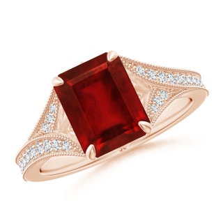 9x7mm AAAA Vintage Inspired Emerald-Cut Ruby Split Shank Engagement Ring in 18K Rose Gold