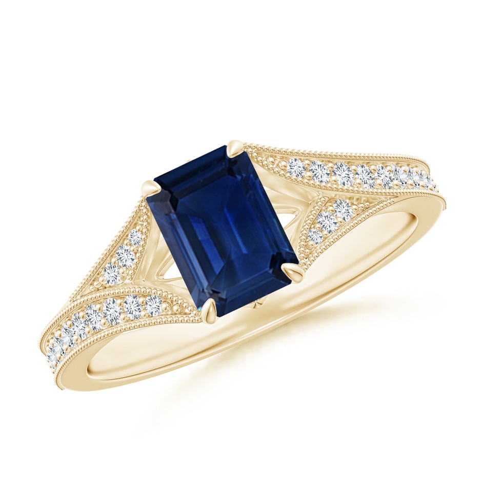 7x5mm AAA Vintage Inspired Emerald-Cut Blue Sapphire Split Shank Engagement Ring in Yellow Gold 