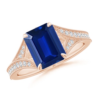 9x7mm AAAA Vintage Inspired Emerald-Cut Blue Sapphire Split Shank Engagement Ring in 18K Rose Gold