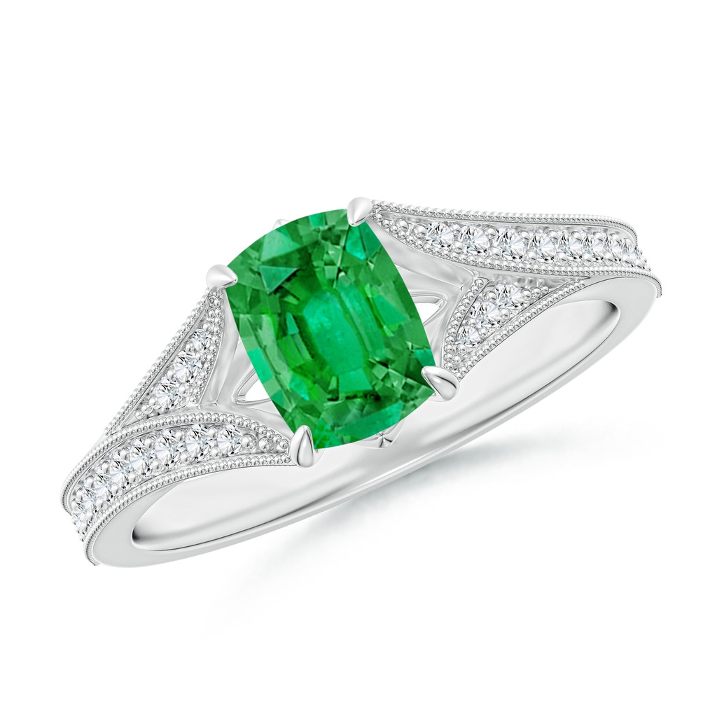 7x5mm AAA Vintage Inspired Cushion Rectangular Emerald Split Shank Engagement Ring in 18K White Gold