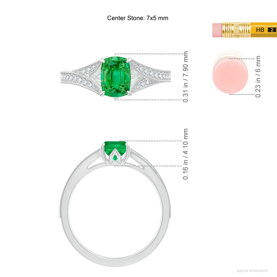 7x5mm AAA Vintage Inspired Cushion Rectangular Emerald Split Shank Engagement Ring in 18K White Gold ruler