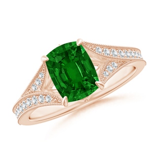 8x6mm AAAA Vintage Inspired Cushion Rectangular Emerald Split Shank Engagement Ring in Rose Gold