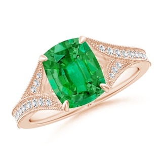 9x7mm AAA Vintage Inspired Cushion Rectangular Emerald Split Shank Engagement Ring in 10K Rose Gold